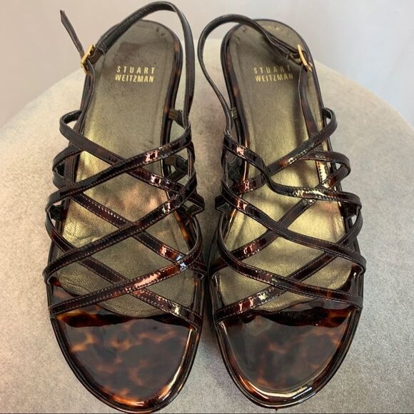 Stuart Weitzman tortoise patent strappy wedge sandal Sz 8 - Picture 5 of 10